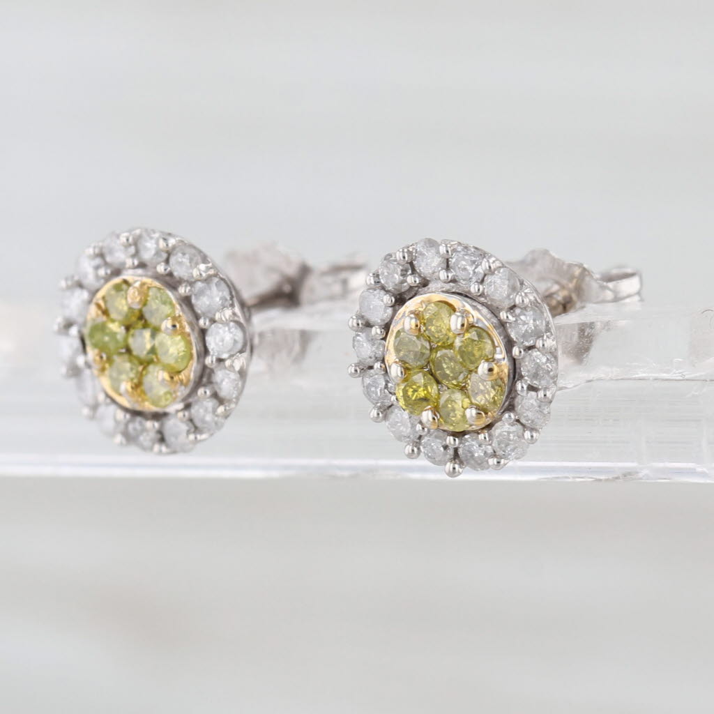 0.45ctw Yellow White Diamond Halo Stud Earrings 10k White Gold Studs