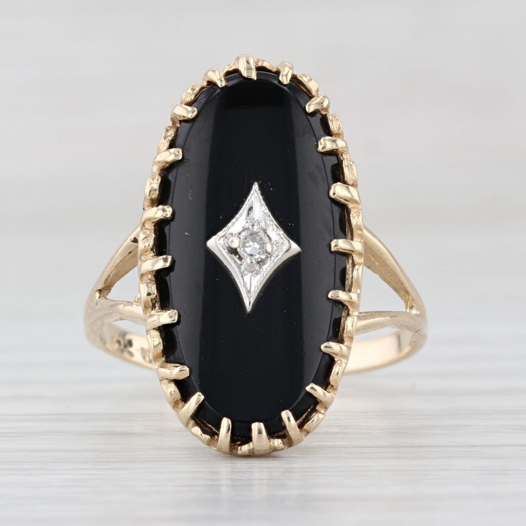 Onyx Diamond Signet Ring 10k Yellow Gold Size 7.5 Vintage