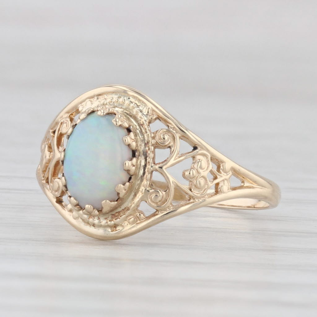 Light Gray Opal Oval Cabochon Solitaire Ring 10k Yellow Gold Size 5.5 Ornate Openwork