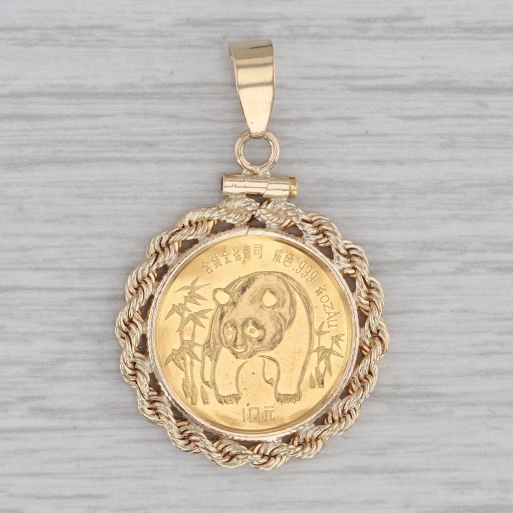 Gray 1986 Chinese Panda Coin Pendant 10 Yuan 14k Bezel 999 Gold Medallion