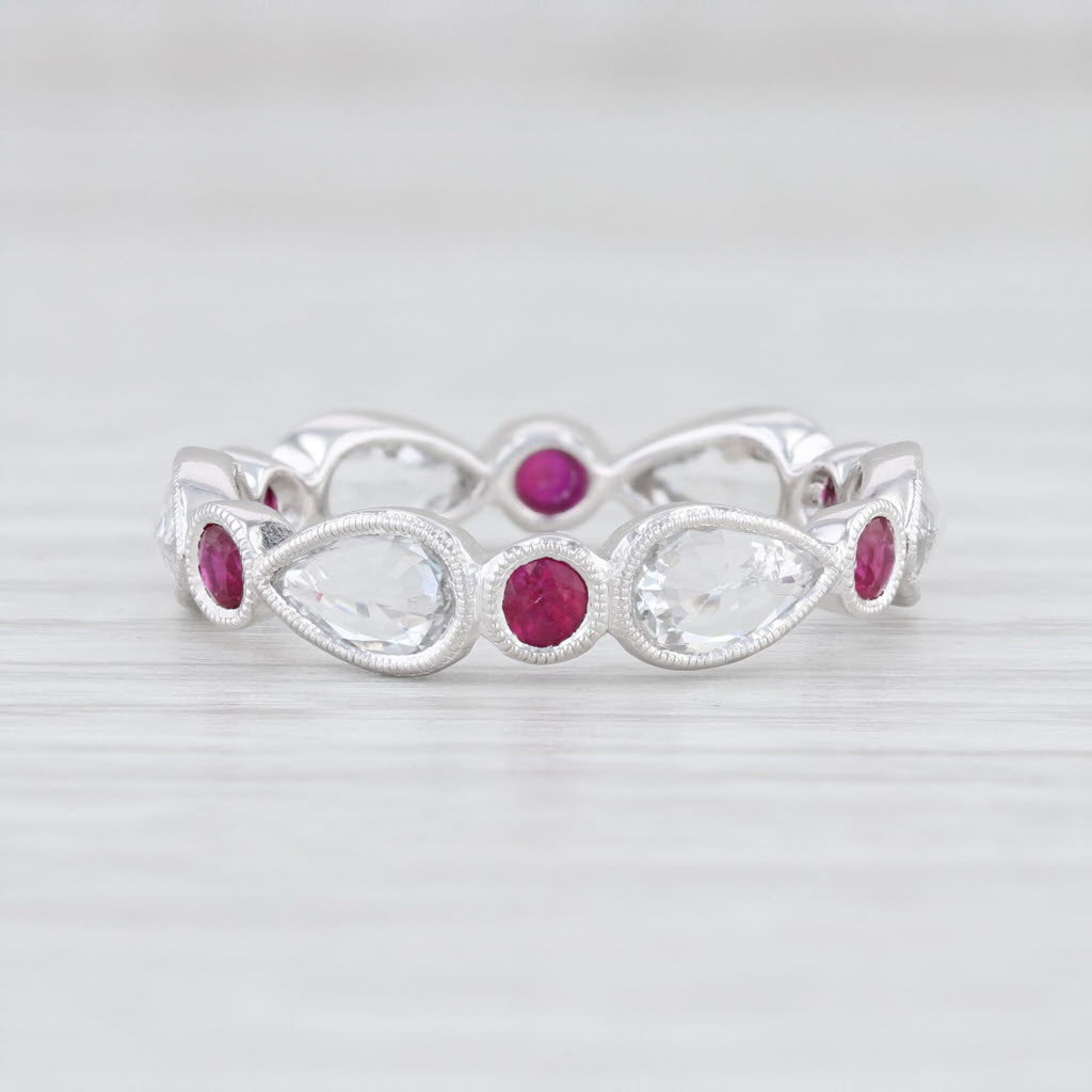 New Beverley K Red Ruby White Sapphire Stackable Ring 14k Gold Eternity Band 6.5