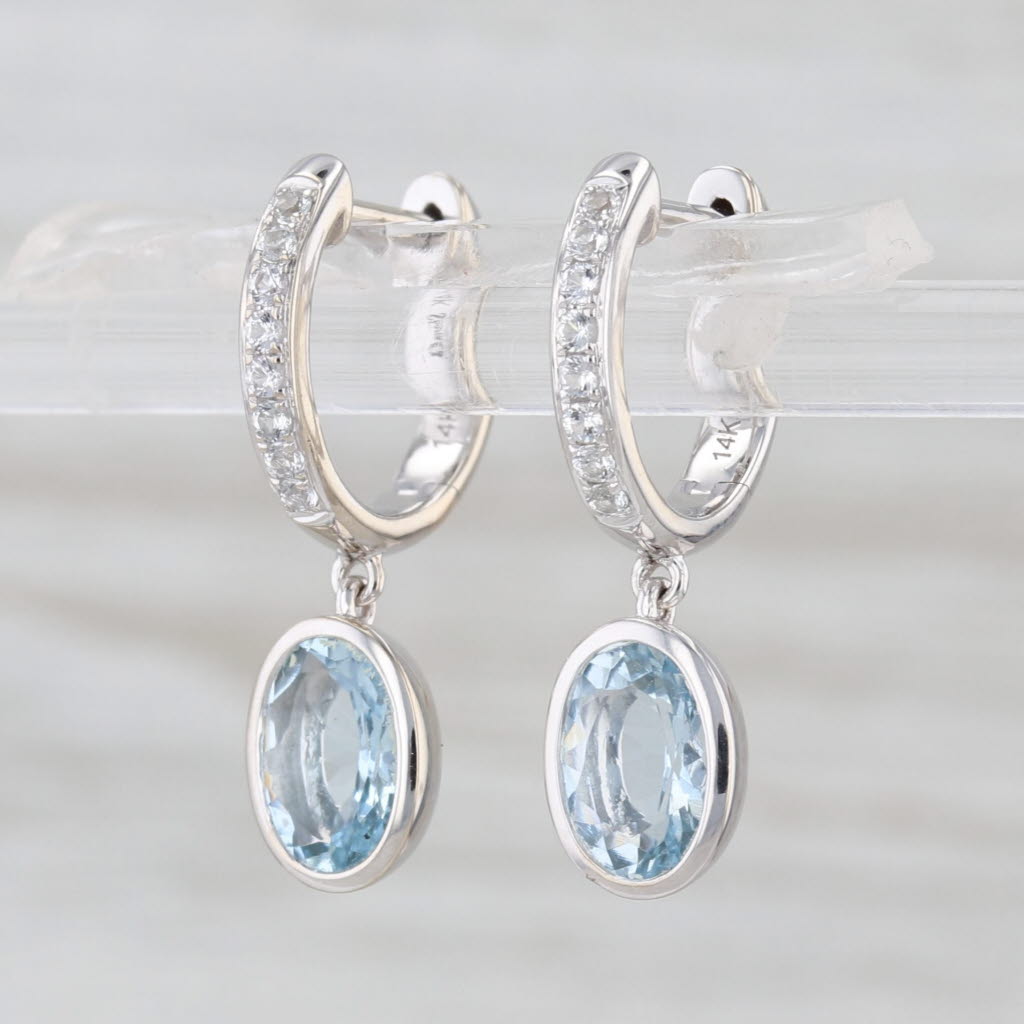 1.72ctw Aquamarine Drop Sapphire Hoop Earrings 14k White Gold Snap Top Hoops