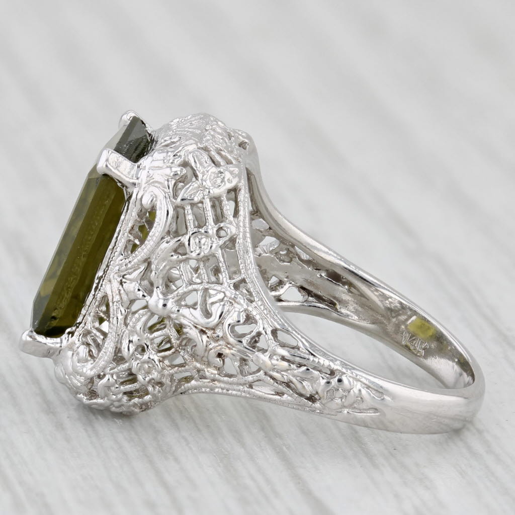 Light Gray 4.40ct Green Tourmaline Solitaire Ring 14k White Gold Filigree Size 5.5