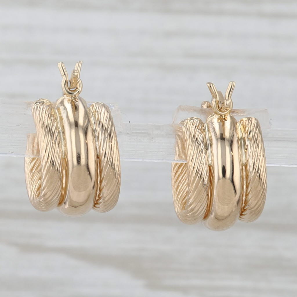 Light Gray Rope Etched 3-Hoop Earrings 14k Yellow Gold Snap Top Small Round Hoops