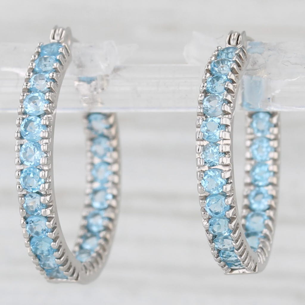 Light Gray 2.10ctw Blue Topaz Inside Out Hoop Earrings 10k White Gold Snap Top Round Hoops