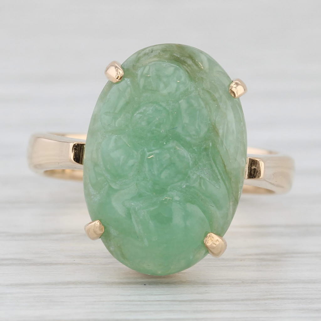 Gray Vintage Carved Floral Green Jadeite Jade Ring 14k Gold Size 5.5 Oval Cabochon