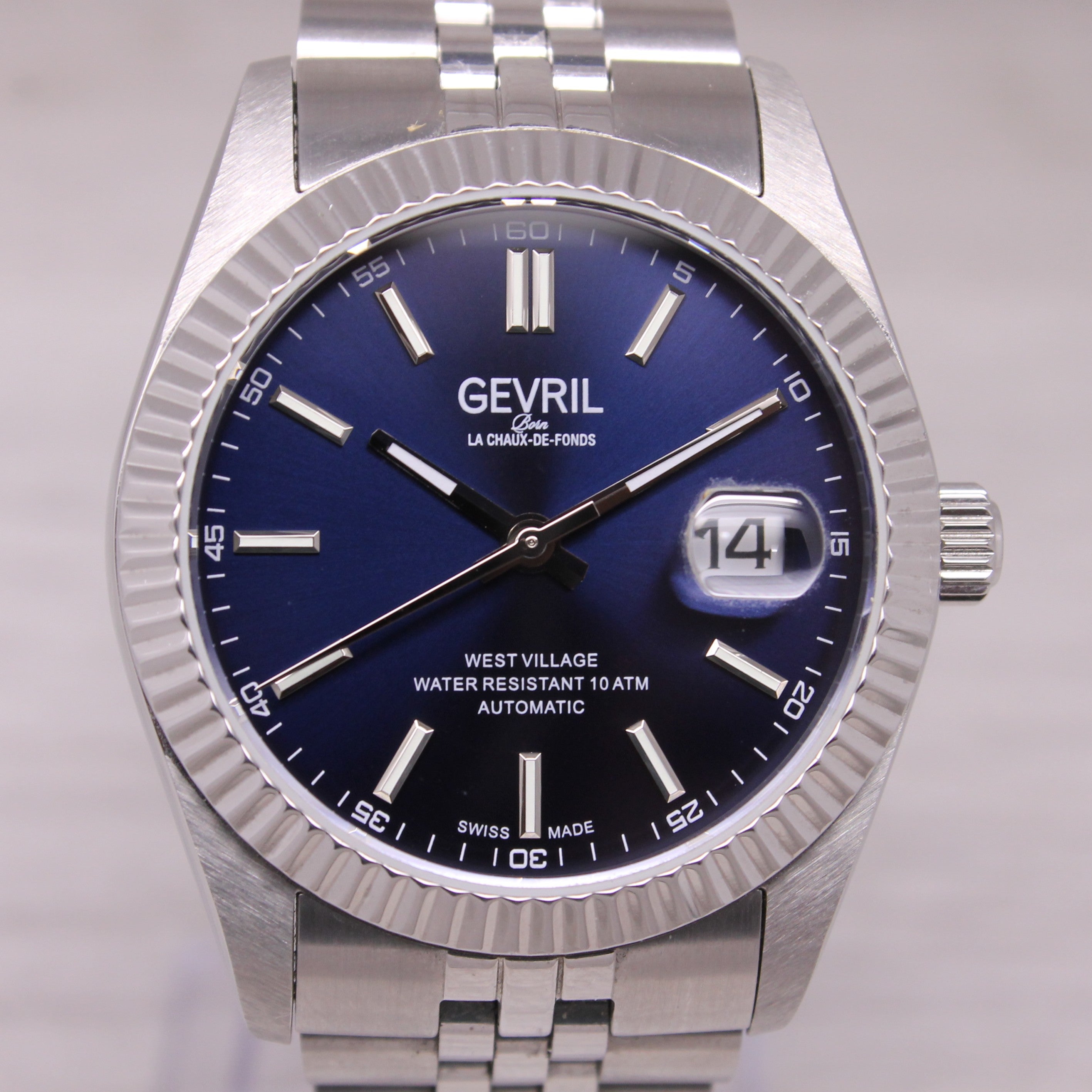 Gevril West Village Mens 40mm Steel Automatic Watch w/ Box Blue Dial 48900