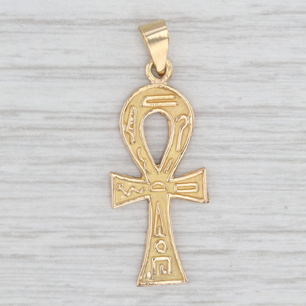 Light Gray Hieroglyphic Egyptian Ankh Cross Pendant 18k Yellow Gold