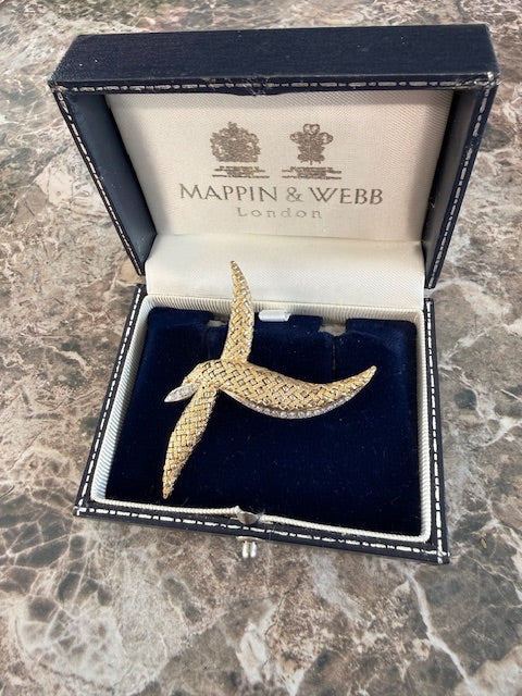 0.22ctw Diamond Dove Brooch Woven 18k White Yellow Gold Pin Mappin Webb Box