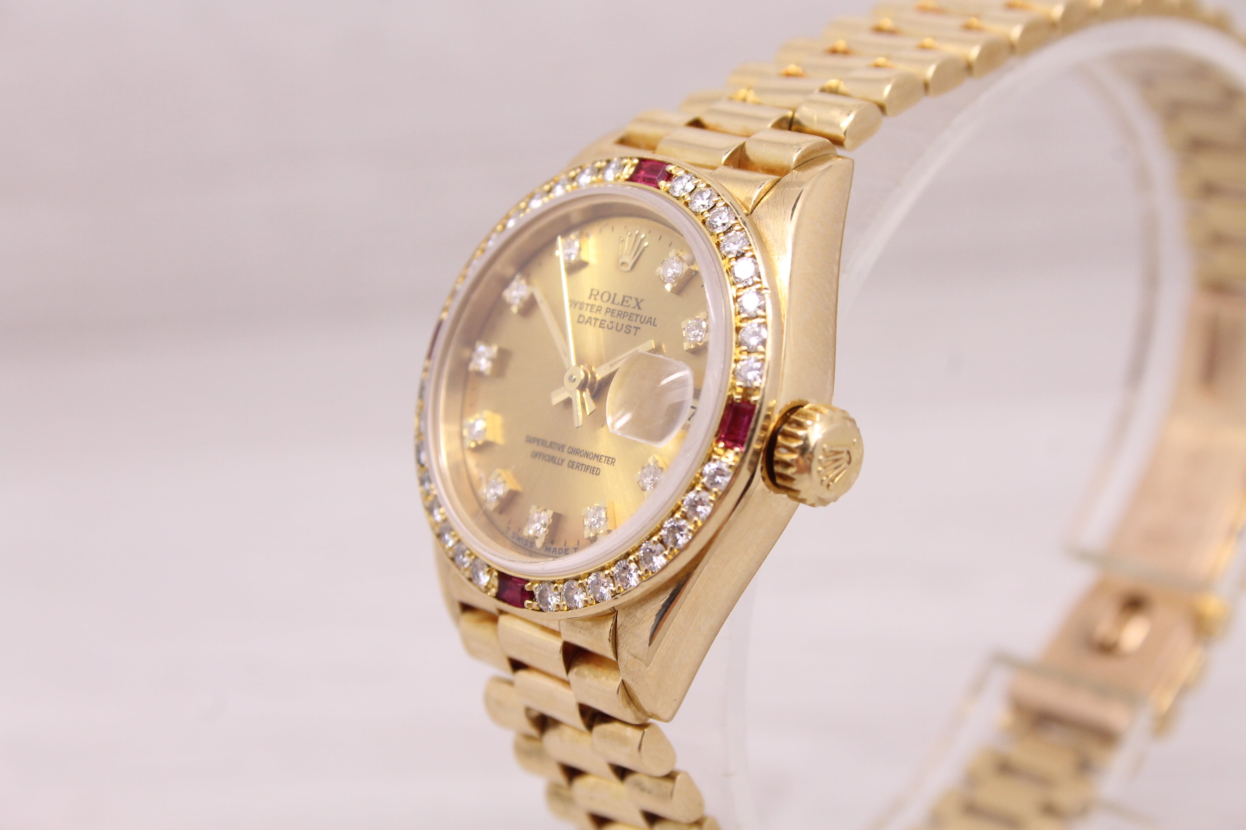 Light Gray 1990 Rolex Ladies President 69068 18k Yellow Gold Diamond & Ruby Watch Serviced