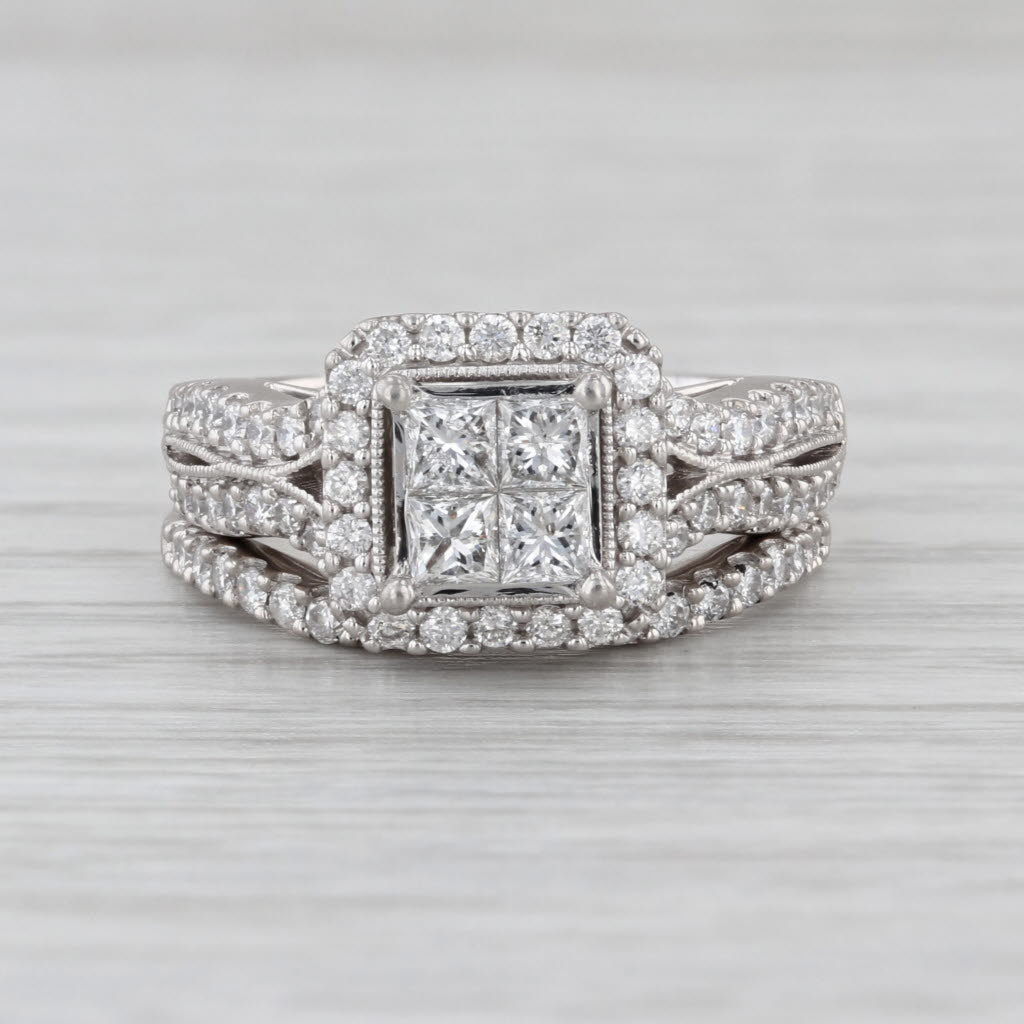 1.41ctw Diamond Halo Engagement Ring Wedding Band Bridal Set 14k White Gold Sz 7