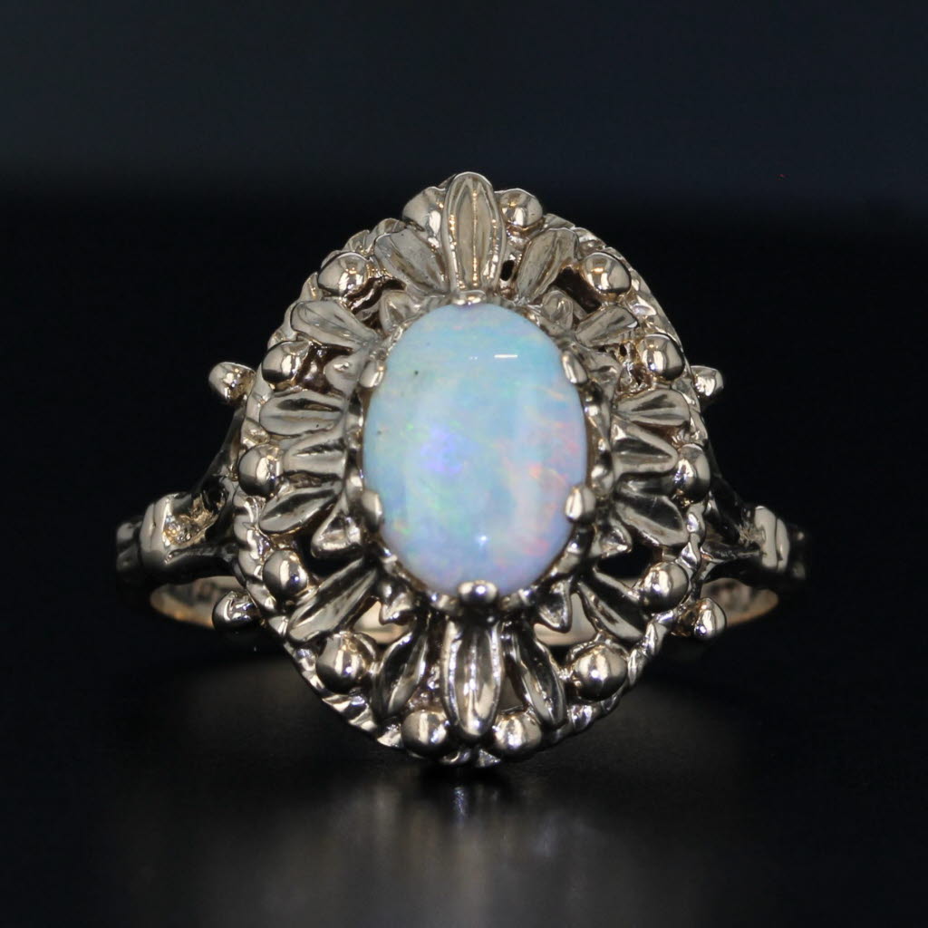 Black Opal Oval Cabochon Solitaire Ring 10k Yellow Gold Vintage Ornate Size 7