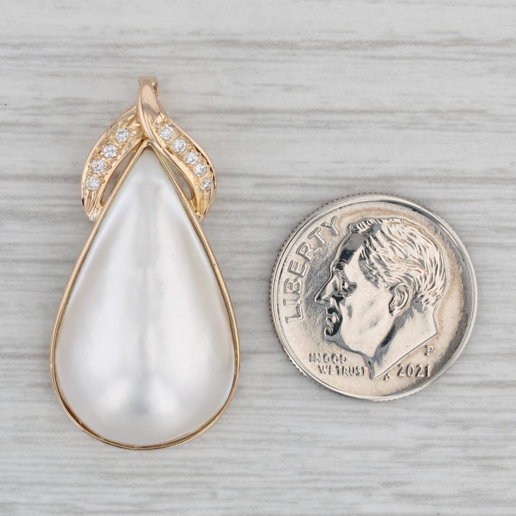 Gray Mabe Pearl Teardrop Pendant 14k Yellow Gold 0.10ctw Diamonds