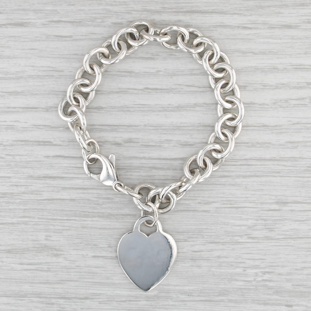 Engravable Tiffany Heart ID Tag Charm Bracelet Sterling Silver 7" Cable Chain