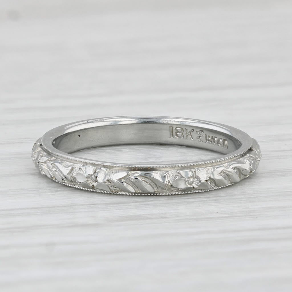 Light Gray Art Deco Floral Women's Wedding Band 18k White Gold Size 6.5 Stackable Ring