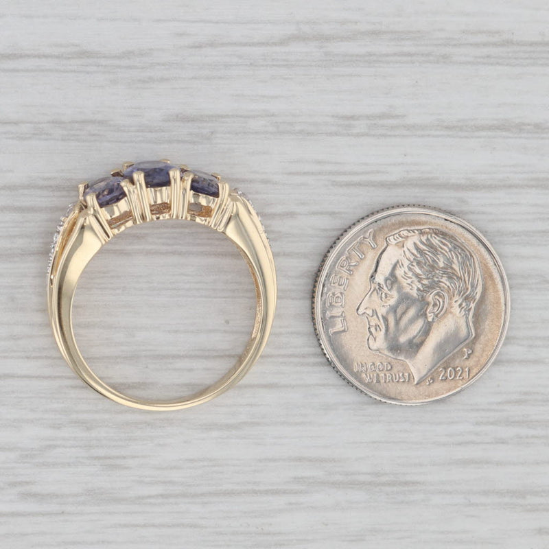 1.27ctw Iolite 3-Stone Ring 10k Yellow Gold Size 6.25 Diamond Accents