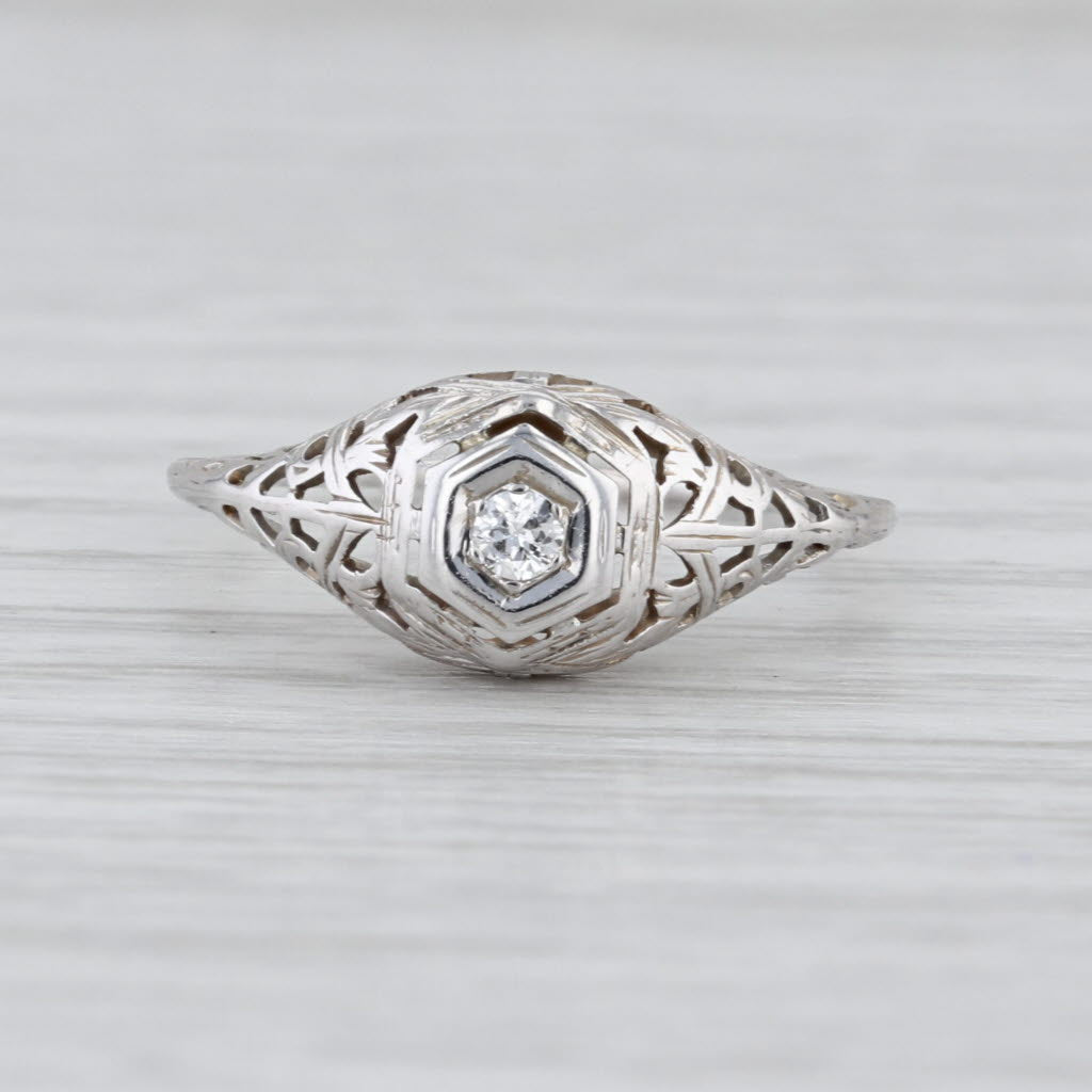 Art Deco Diamond Solitaire Vintage Engagement Ring 18k White Gold Size 6.5