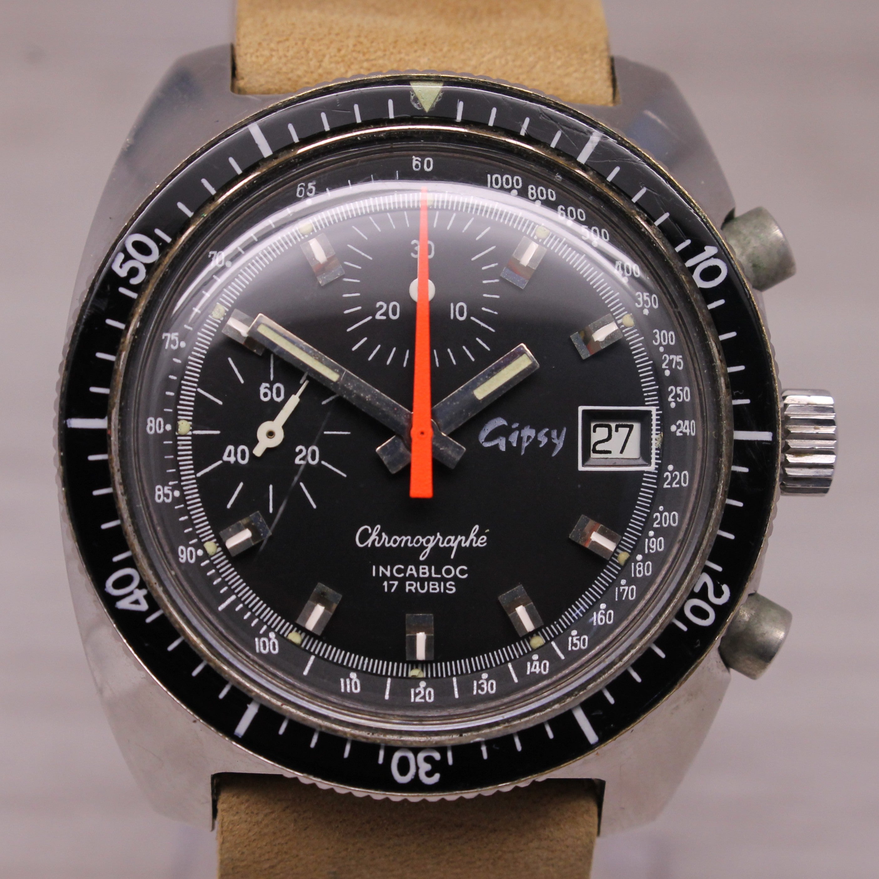 Rosy Brown Vintage 1980's Gipsy Mens 40mm Stainless Steel Chronograph Watch Valjoux 7765