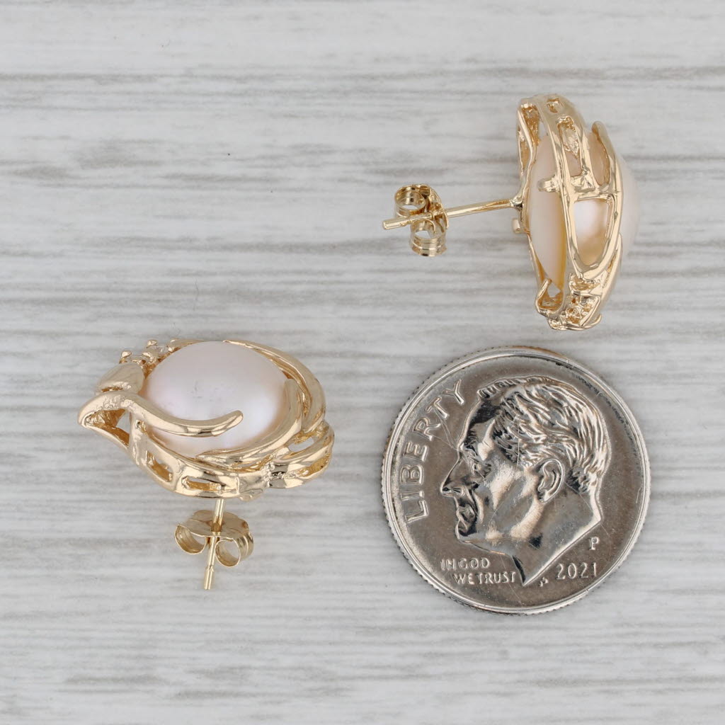 Gray Gold Framed Mabe Pearl Diamond Stud Earrings 14k Yellow Gold