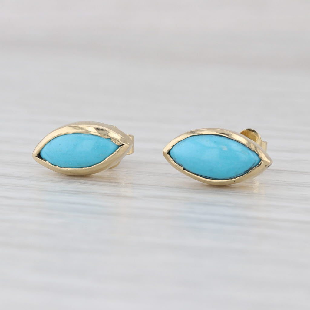 Vintage Marquise Cabochon Turquoise Stud Earrings 14k Yellow Gold