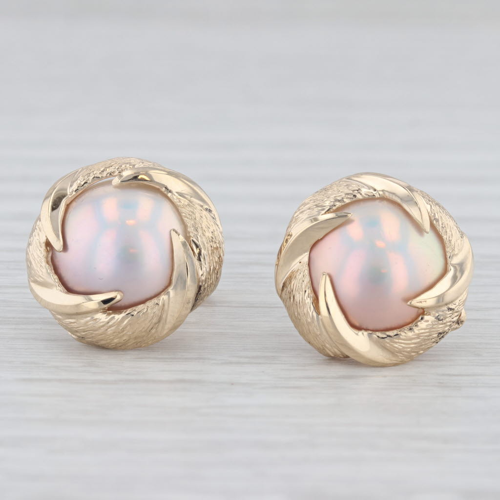 Light Gray Mabe Pearl Stud Earrings 14k Yellow Gold Cabochon Solitaires