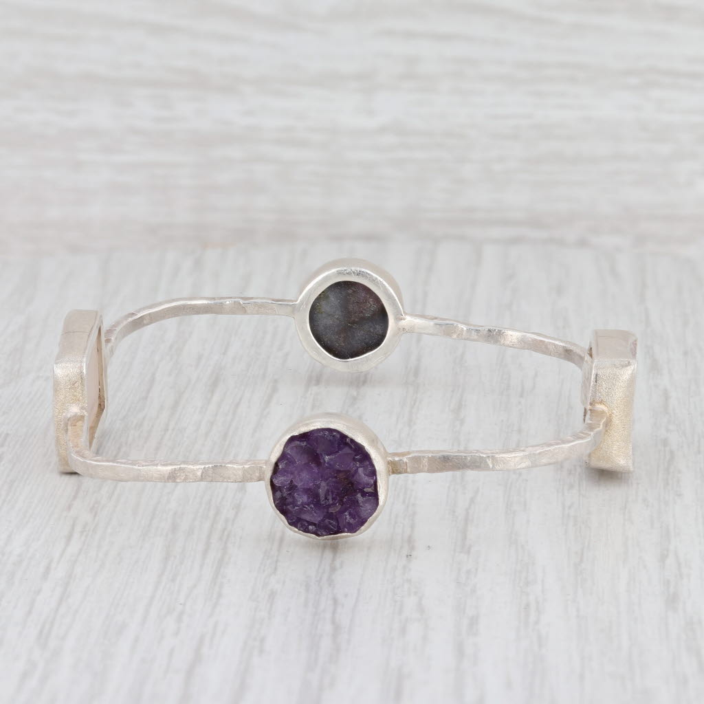 New Nina Nguyen Amethyst White Druzy Quartz Bangle Bracelet Sterling Silver 8”