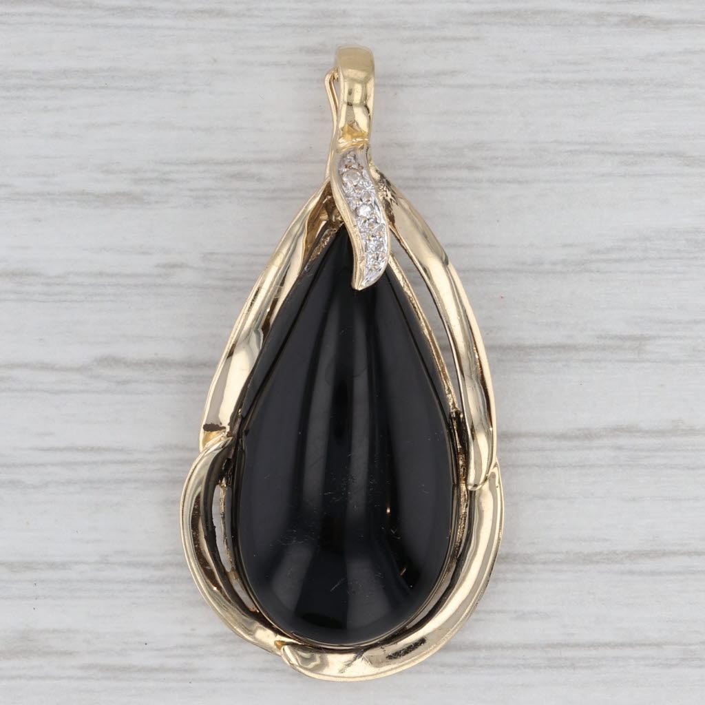 Gray Devitrified Black Glass Teardrop Pendant 14k Yellow Gold Diamond Accents