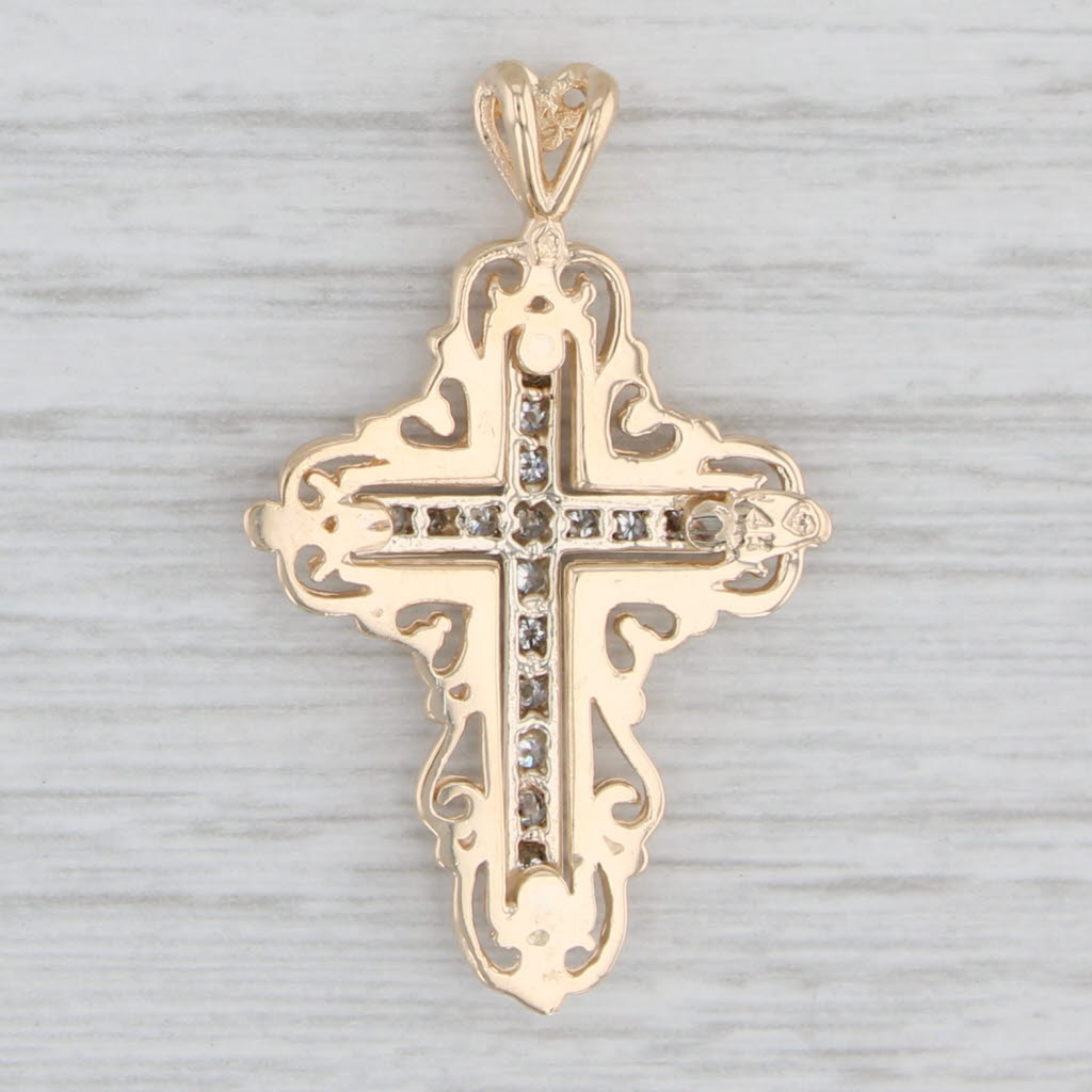 Light Gray 0.24ctw Diamond Ornate Cross Pendant Heart Bail 14k Gold Religious Jewelry