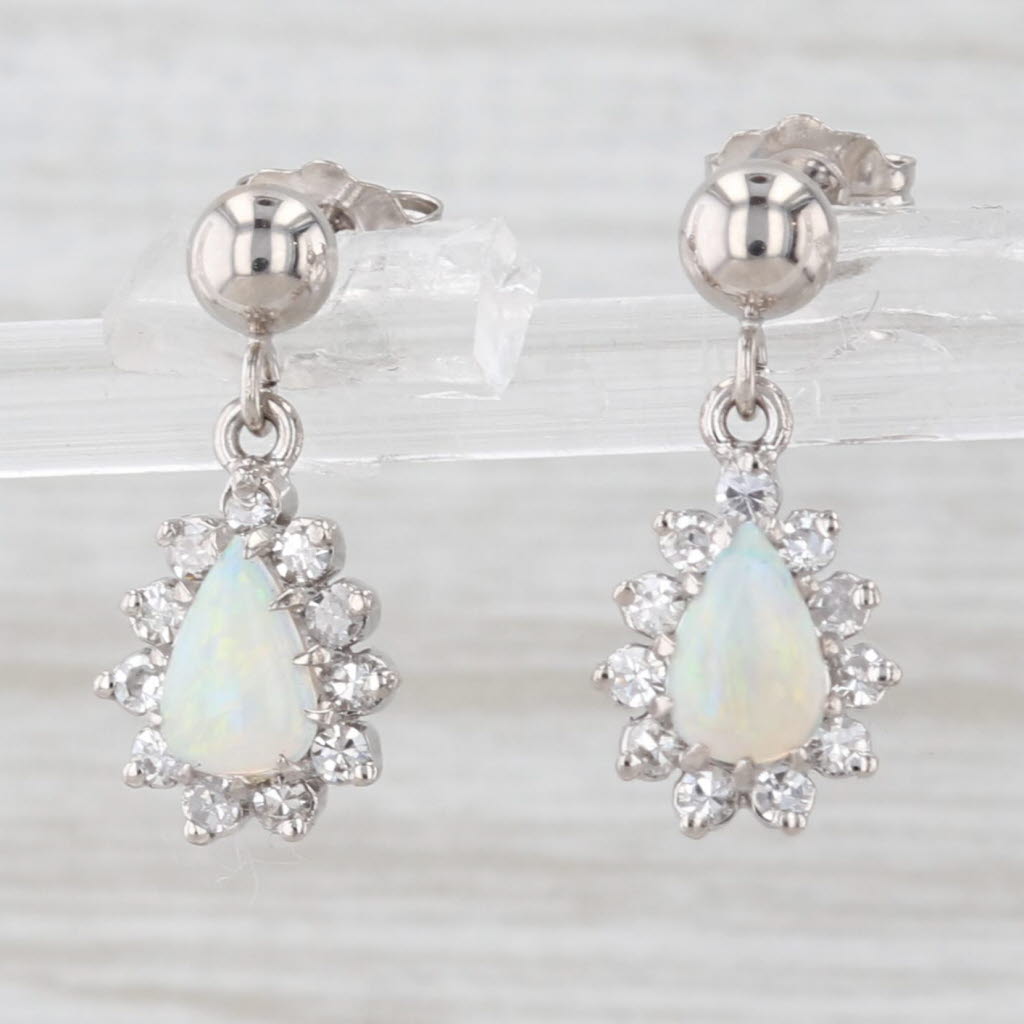 Light Gray Opal Diamond Halo Teardrop Earrings 14k White Gold Pierced Dangles