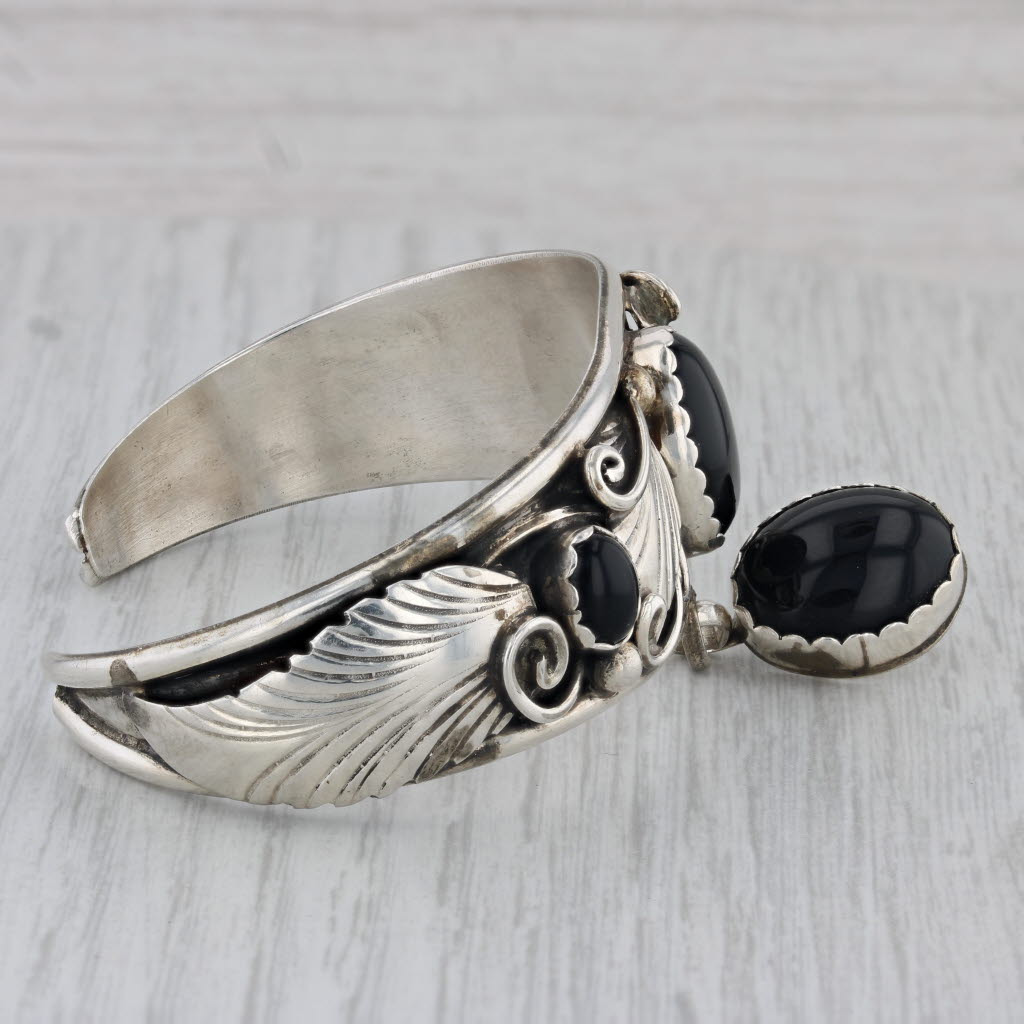 Gray Native American Onyx Cuff Bracelet Charm Sterling Silver 6.25" Herbert Tsosie