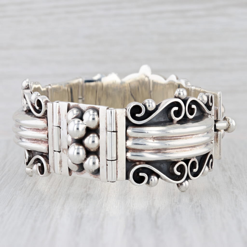 Vintage Panel Link Statement Bangle Bracelet Sterling Silver 7.5" 29.4mm Mexico