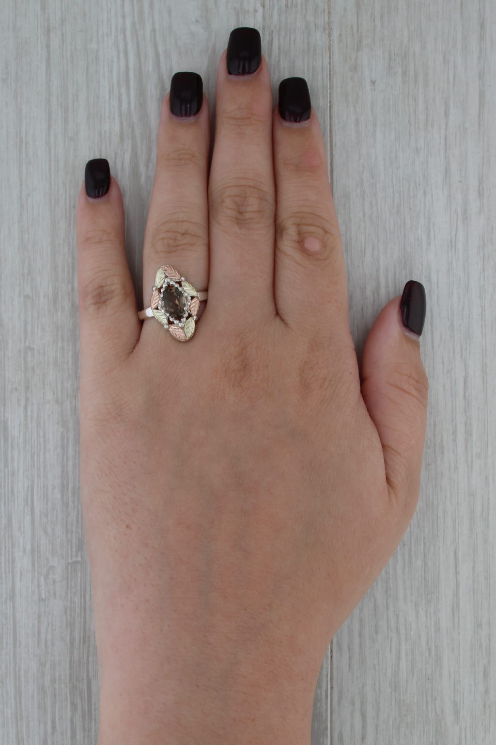 Smoky Quartz Leaf Ring Sterling Silver 12k Gold Coleman Co Black Hills Gold