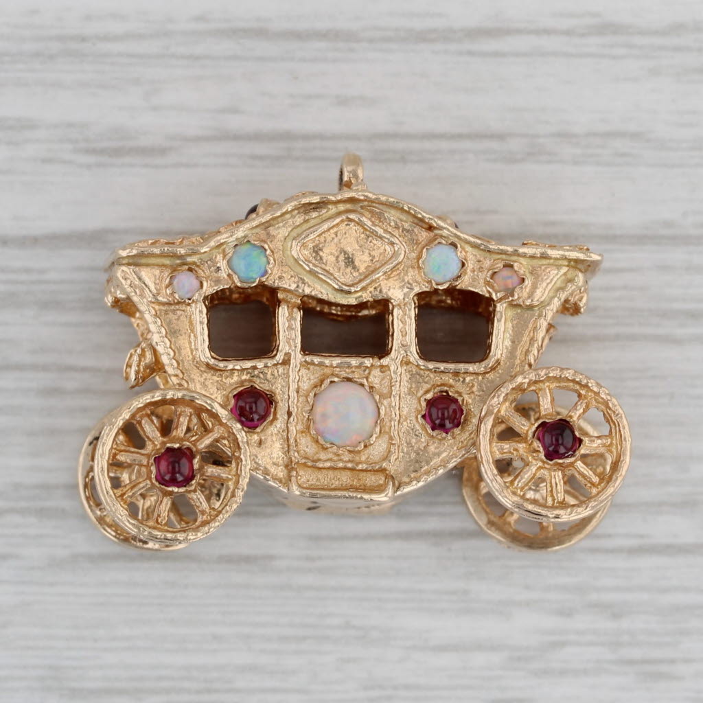 Gray Vintage Gemstone Princess Carriage Charm 14k Gold Wheels Move Opal Garnet