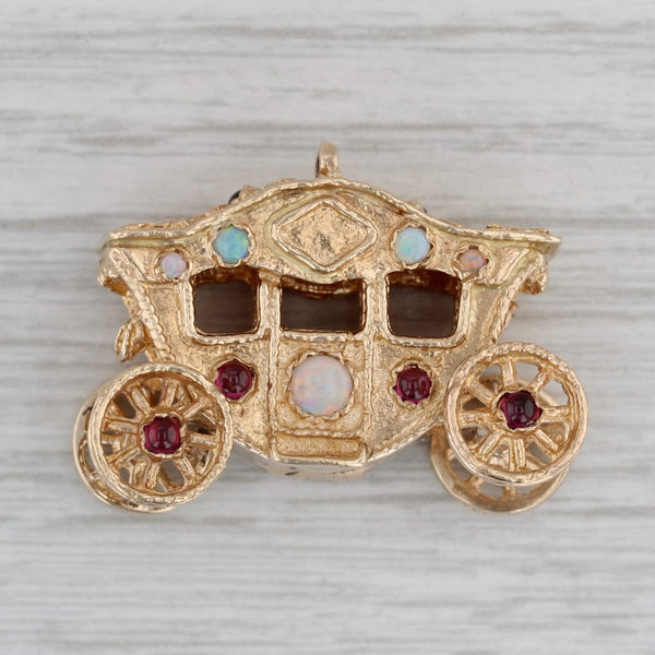 Vintage Gemstone Princess Carriage Charm 14k Gold Wheels Move Opal Garnet