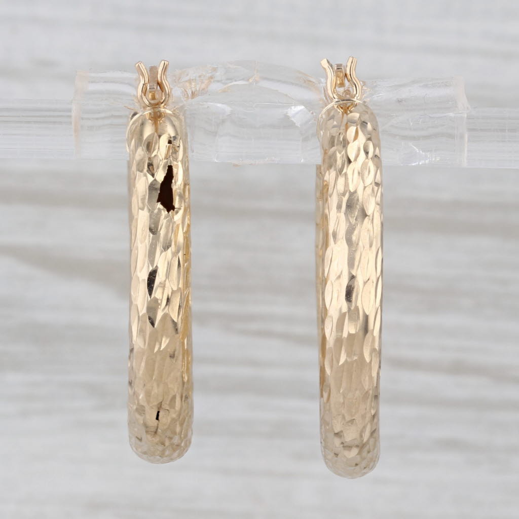 Textured Pattern Hoop Earrings 14k Yellow Gold Snap Top Round Hoops