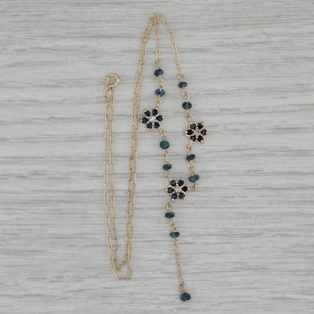 0.70ctw Blue Sapphire Flower Lariat Necklace 14k Gold 17.25" Crinkle Chain