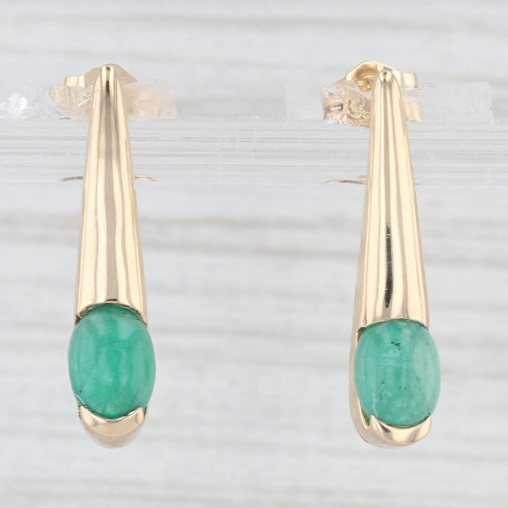 Light Gray Emerald Oval Cabochon Drop Earrings 14k Yellow Gold