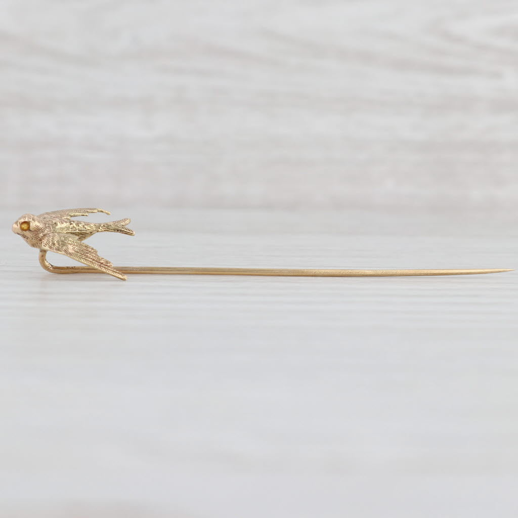 Light Gray Antique Bird Stickpin 14k Bird 10k Pin Yellow Gold As Is