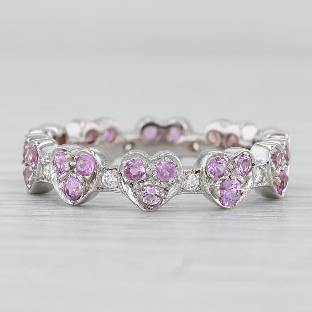 Light Gray 1ctw Pink Sapphire Diamond Hearts Eternity Ring 18k White Gold Stackable Band