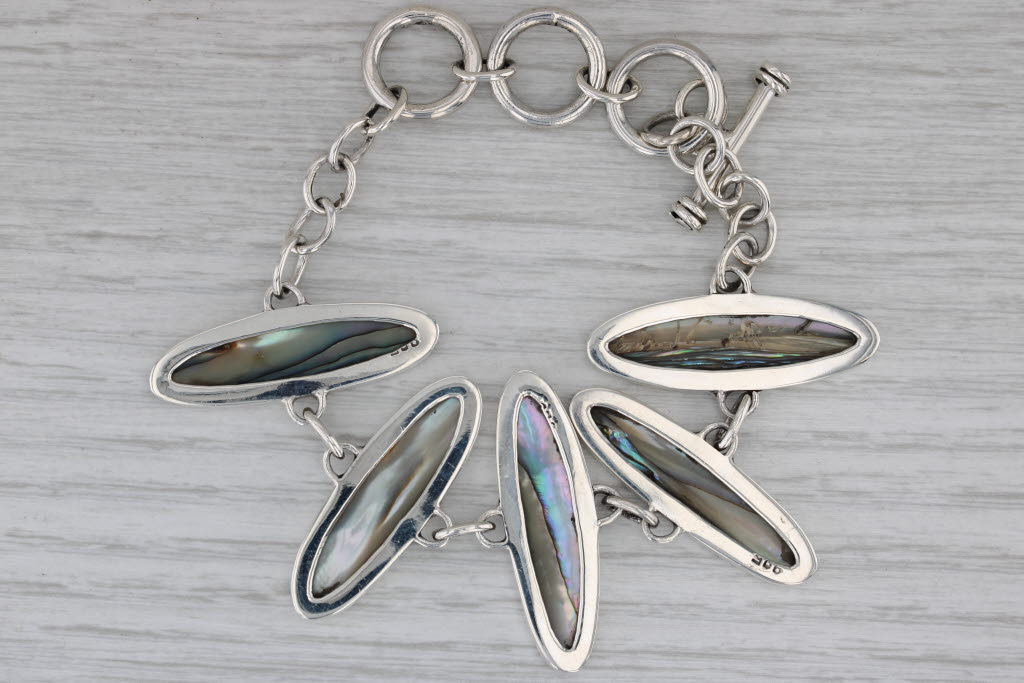 Dark Gray Abalone Shell Bracelet Sterling Silver Statement 7.25" - 6"