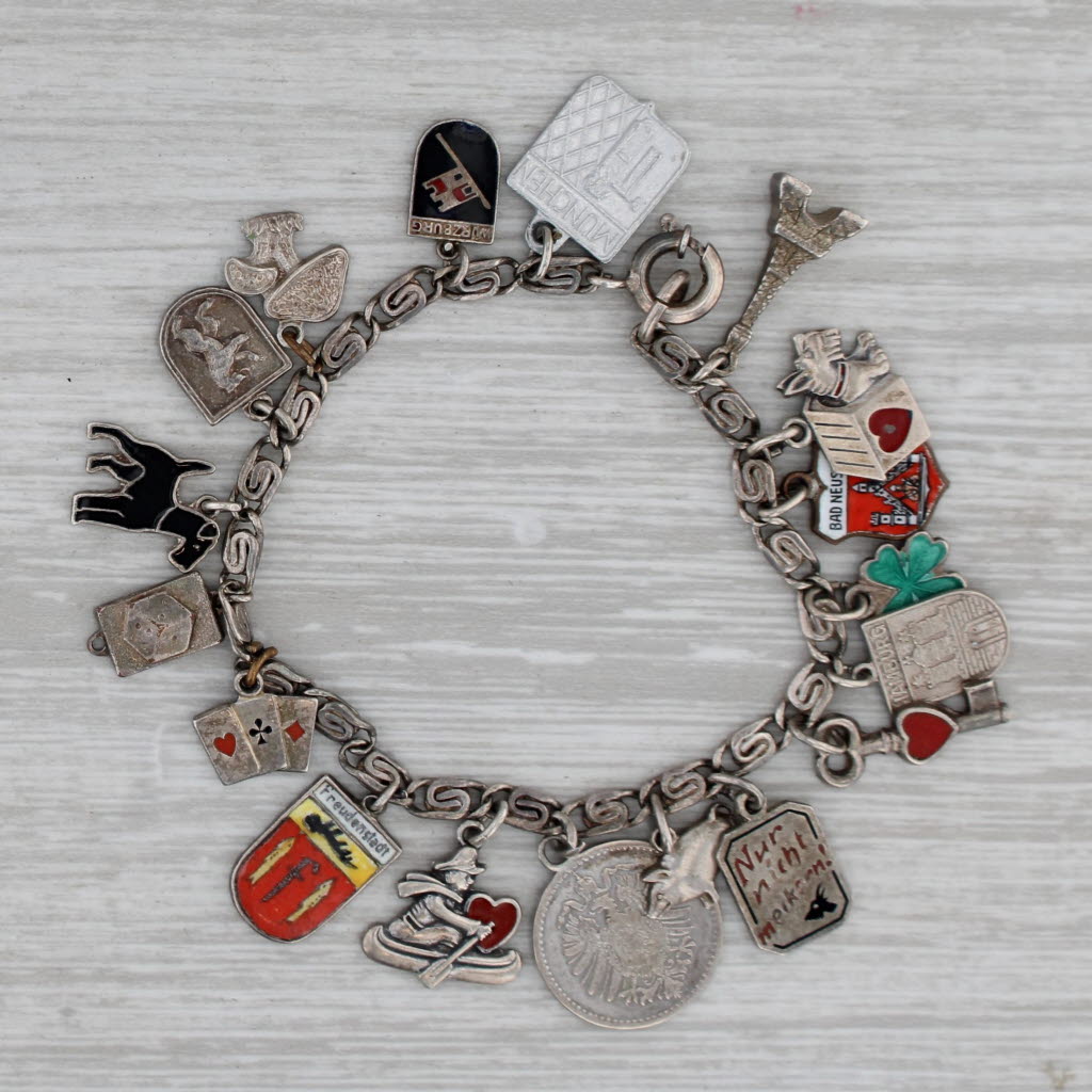 Gray Vintage Mixed Themed Charm Bracelet Sterling Silver Resin Enamel Travel Dog 6"