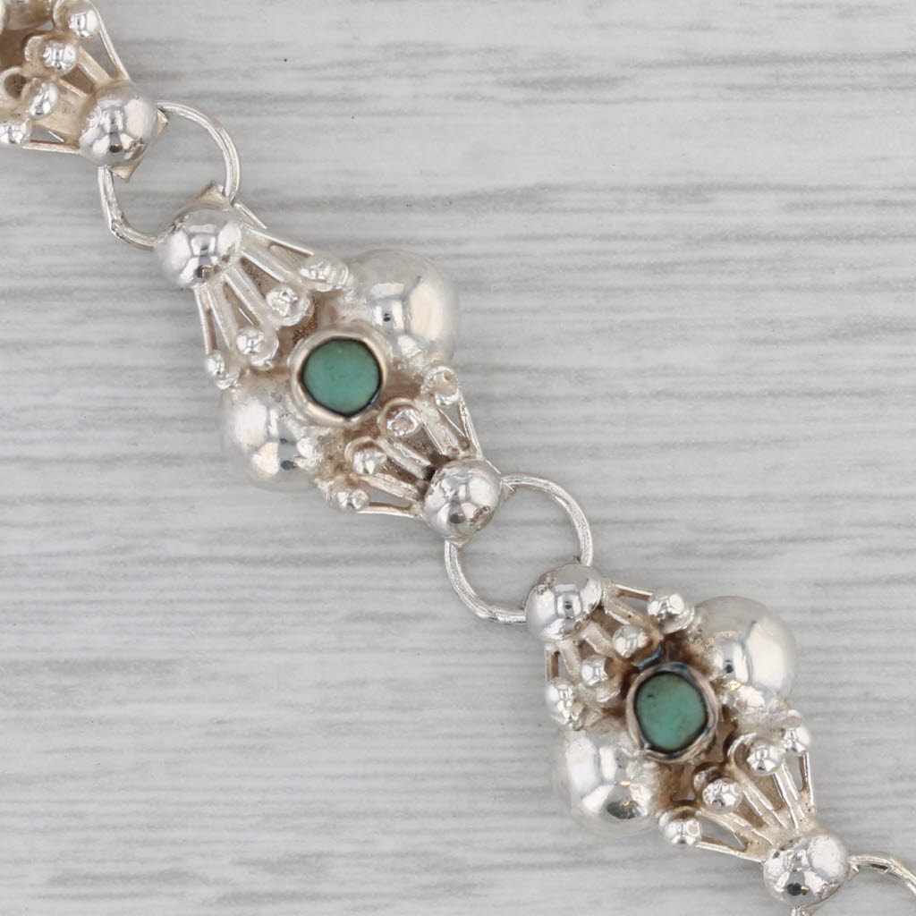 Gray Green Glass Silver Link Bracelet Mexico Vintage 6.25" Hook Clasp