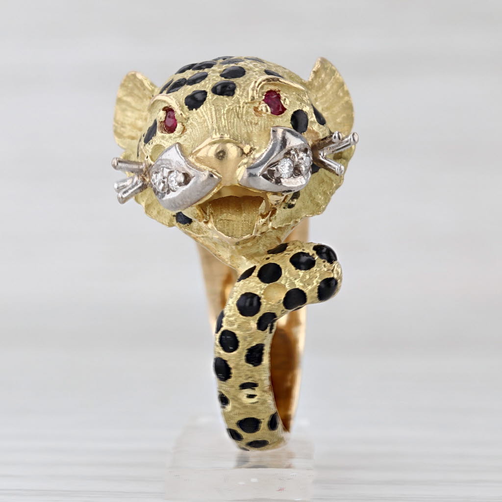 Leopard Ring Diamond Lab Created Ruby 18k Yellow Gold Enamel Statement