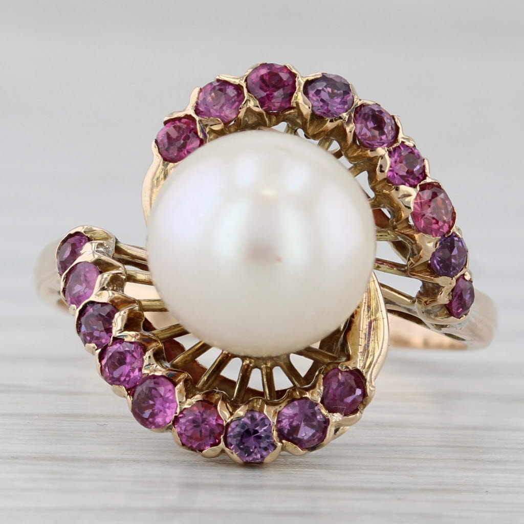 Light Gray Retro Cultured Pearl Ruby Ring 14k Yellow Gold Size 7.25 Cocktail