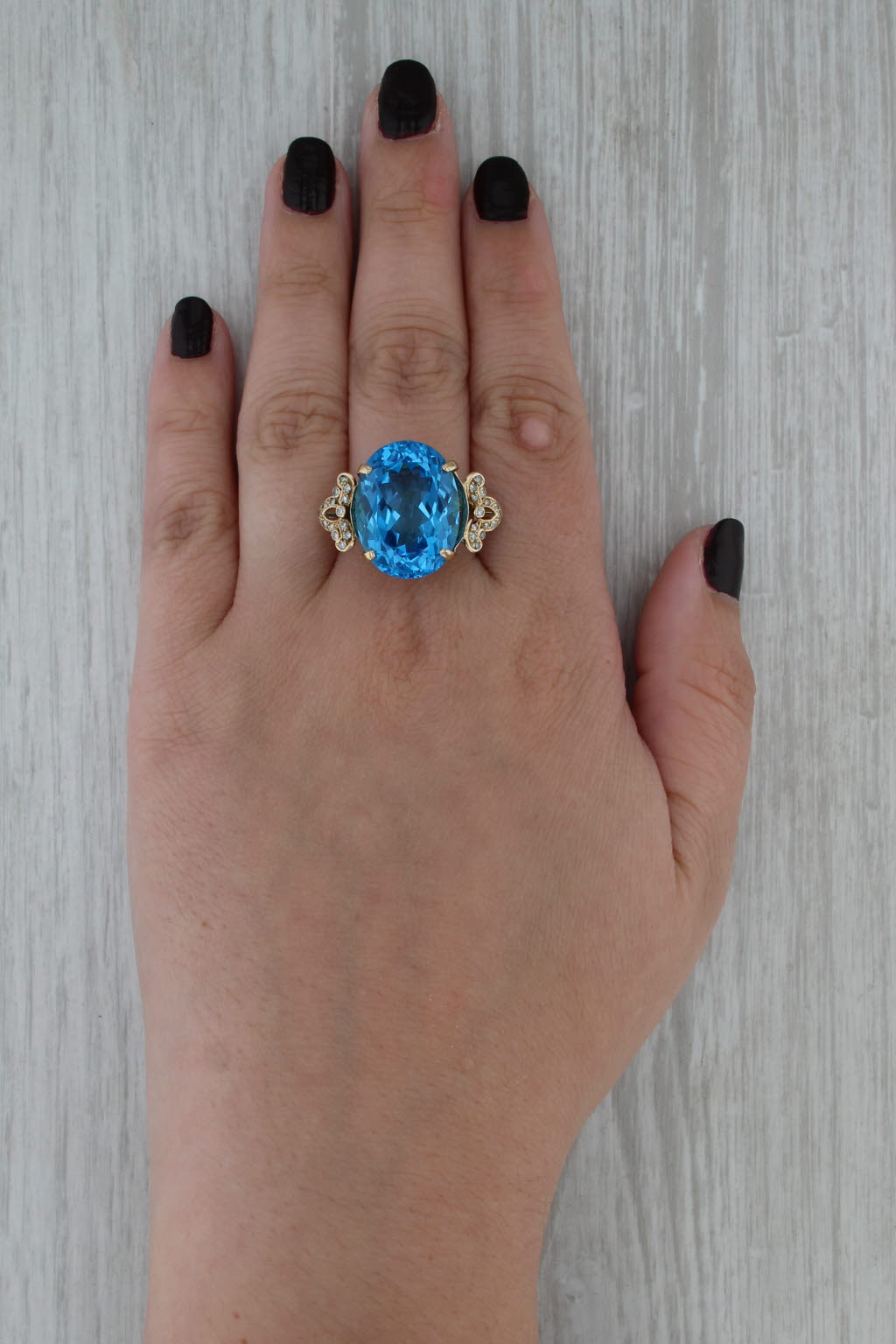 22.66ctw Oval Blue Topaz Diamond Cocktail Ring 14k Yellow Gold Size 8.75