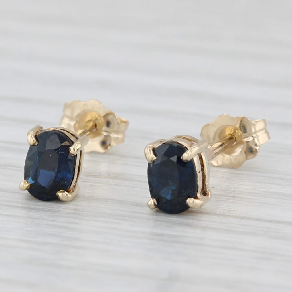 Light Gray 1ctw Blue Sapphire Stud Earrings 14k Yellow Gold Oval Solitaire Studs