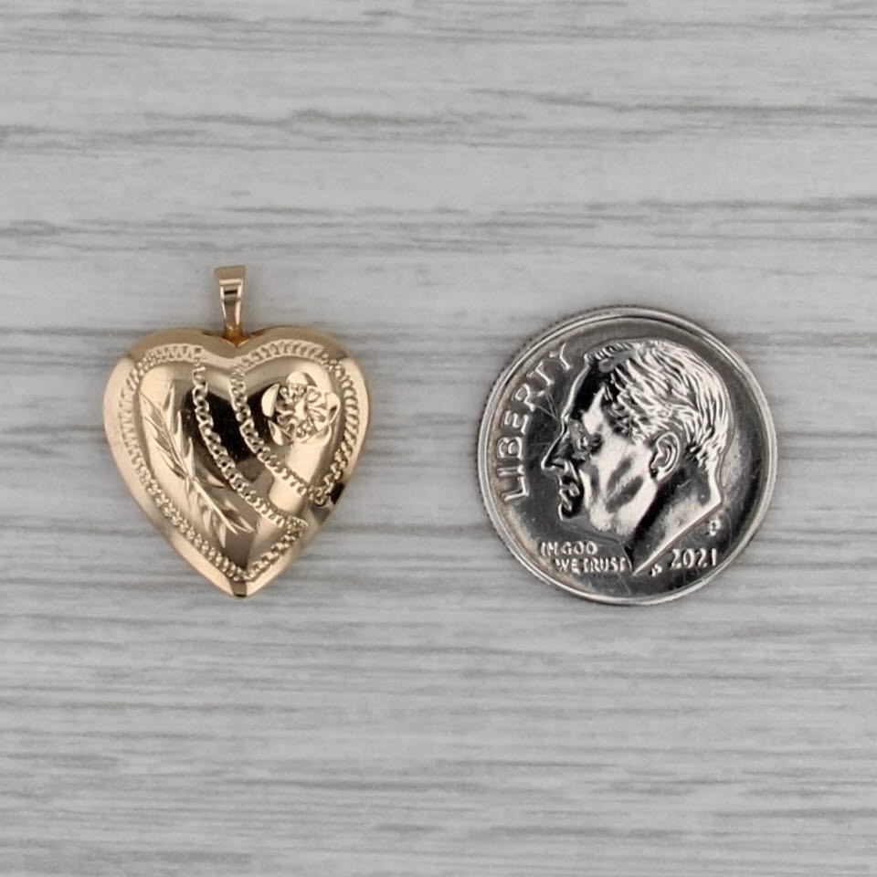 Vintage Small Photo Locket Floral Heart Pendant 14k Yellow Gold Engravable Charm
