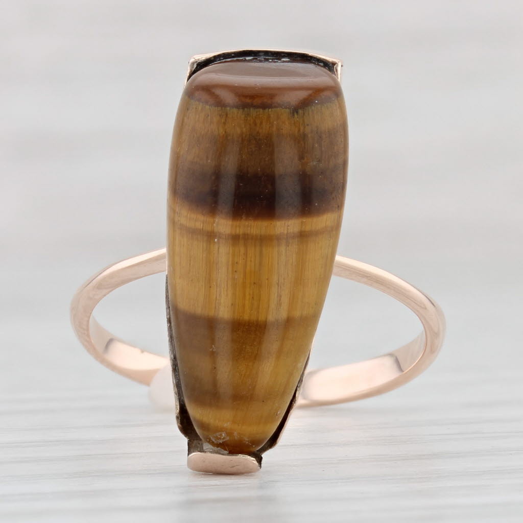 Light Gray Vintage Handmade Tigers Eye Ring 8k Rose Gold Size 8.25 Freeform Cabochon