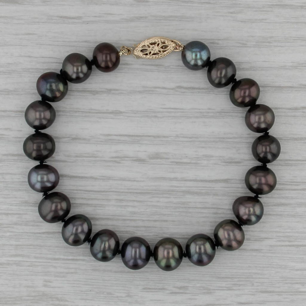 Black Cultured Pearl Strand Bracelet 14k Gold 7" 7.6-8.4mm