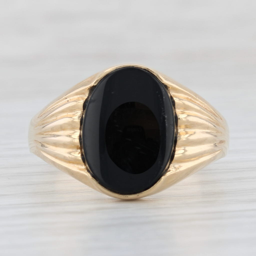 Light Gray Onyx Men's Ring 14k Yellow Gold Size 13.75 Oval Cabochons Solitaire Solid Back